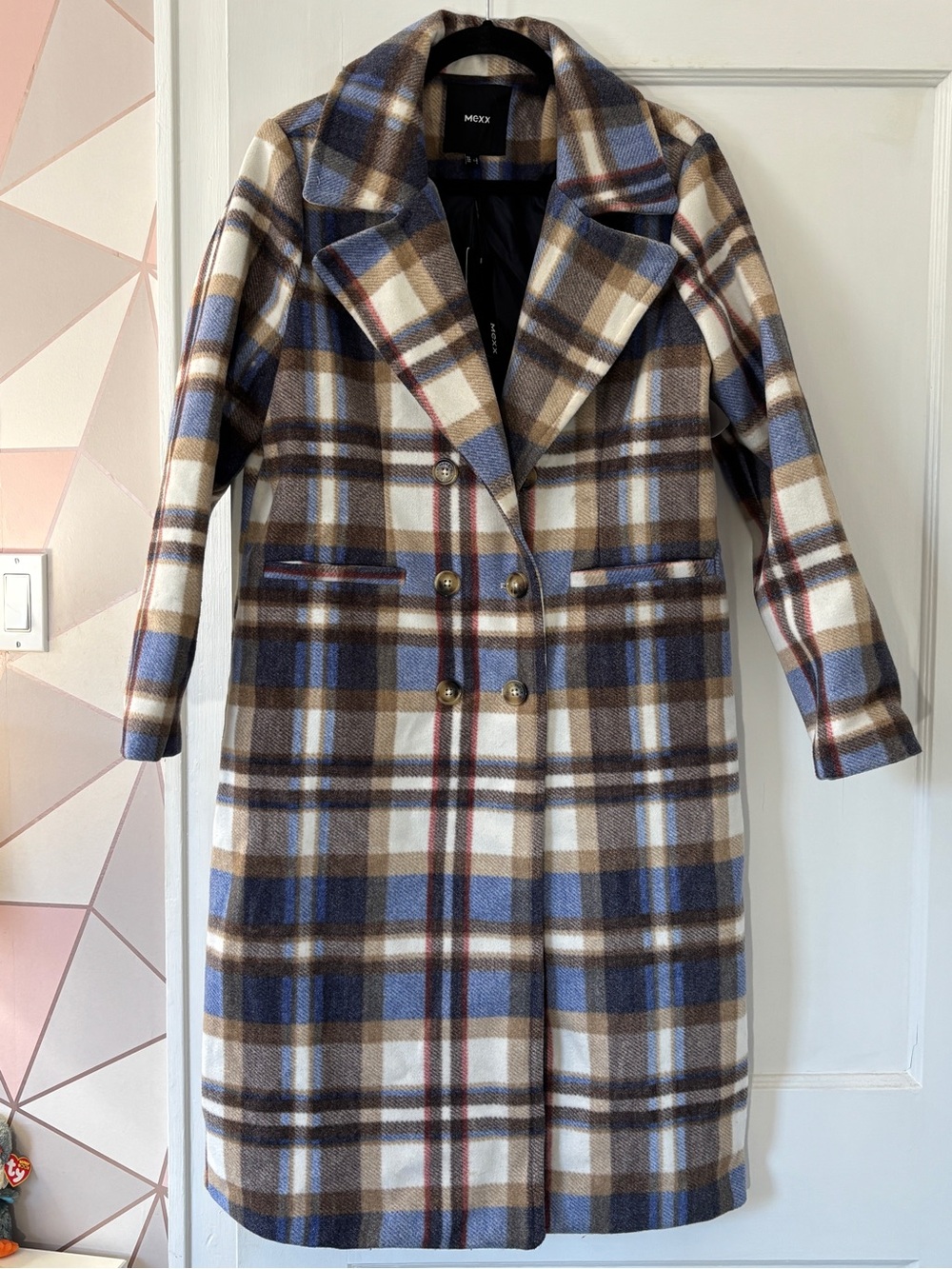 Mexx NWT Blue Cream Brown Plaid Double-Breasted Coat Long Midi Fall Jacket Large